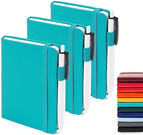 feela 3 Pack Pocket Notebook Journals with 3 Black Pens, A6 Mini Cute Small Journal Notebook Bulk Hardcover College Ruled Notepad with Pen Holder for Office School Supplies, 3.5”x 5.5”, Emerald