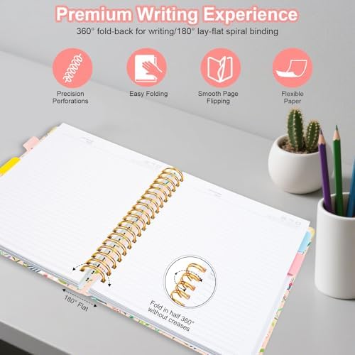 Spiral Journal Notebooks for Work, 300 Pages 5 Subject Notebook College Ruled with Dividers & Tabs, A5 Notebook Journal for Women Students Note-Taking and Organizer (Beige Bloom)