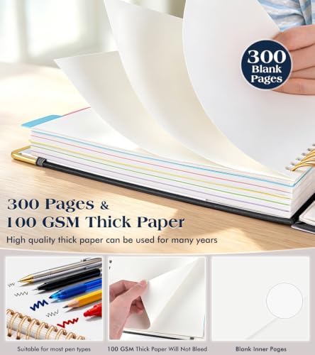 5 Subject Blank Notebook with Removable Dividers Tabs, 300 Pages Hardcover Leather Sketch Book Spiral Journal, 8"x10" B5 Large Sketchbook Notebooks for Women Men Work School Sketching Drawing, Black