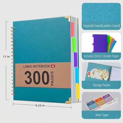 Hardcover Leather Spiral Notebook 8.5" x 11" with Removable Dividers, 300 Pages 5 Subject College Ruled Notebook for Work with Tabs, A4 Spiral Journal for Women Men, School Students Note Taking, Teal