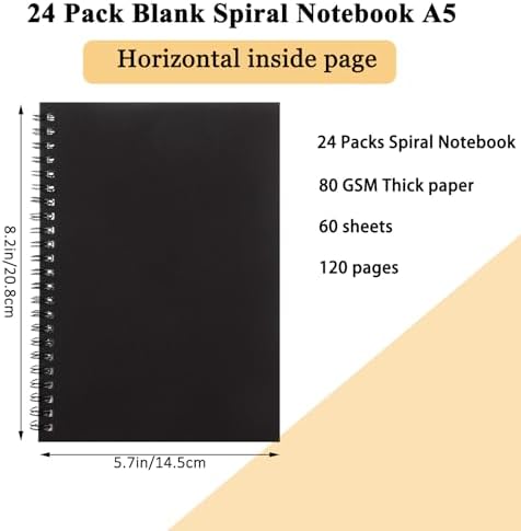 MIVIDE 24 Pack Black A5 Spiral Notebook, 8.2 x 5.7 Inch 60 Pages Hardcover Spiral Lined Notebook Journal, Lined Travel Bulk Writing Paper Notebook for School Business Office Supplies
