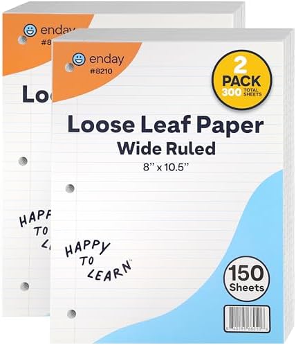 Loose Leaf Paper Notebook Paper, 8" x 10.5" Filler Paper White, 3 Hole Punched Binder Paper for 3 Ring Binders, Lined Paper 150 Sheets Per Pack - By Enday