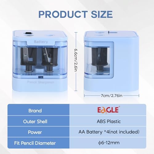 Eagle Electric Pencil Sharpener, Dual Holes, Battery Powered for School/Office/Art, 5s Fast Sharpening, Portable w/Large Shaving Tray & Replaceable Blades, for 6-12 mm Pencils(Blue)