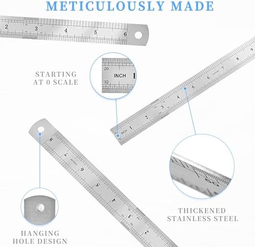 Metal Ruler, 3 Pack, 6, 8, 12 Inch (15, 20, 30 CM) | Metric Ruler