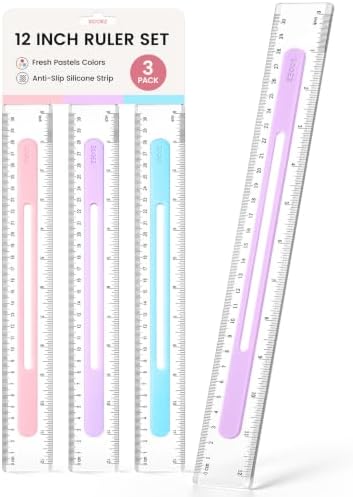 Sooez 3 Pack Ruler 12 Inch, Anti-Slip Clear Rulers for Kids School, Pastels