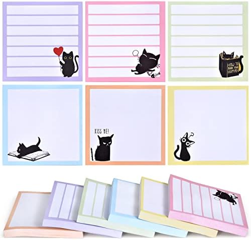 Sticky Notes 3x3 Cute Self-Stick Notes,6 Pack Funny Black Cat Notepad for Cat Lover Gift, Cute Cat Office Supplies, Easy Post Sticky Notes 480 Sheet Total