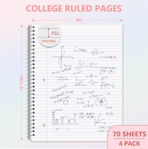 4 Pack Spiral Notebooks, 1 Subject College Ruled, 10.5 x 8 in, 70 Sheets Each, 3-Hole Punched Perforated Pages, Plastic Covers with Pockets, Silver Coil, Assorted Colors