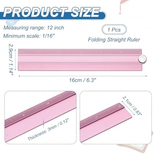 HARFINGTON Folding Straight Ruler 12" SAE Aluminum Alloy Protractor Foldable Angle Ruler Geometric Measuring Tools with Angle Line for Architects Artists Designers Classroom Office, Pink