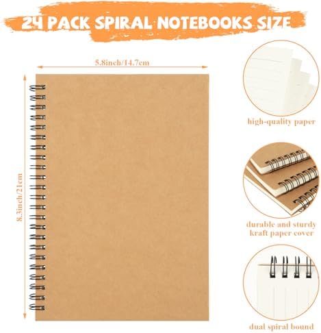 MIVIDE 24 Pack A5 Bulk Spiral Notebooks with Kraft Cover, 8.3 x 5.8 Inch 60 Pages Hardcover Spiral Lined Notebook Journal, Lined Travel Bulk Writing Paper Notebook for School Business Office Supplies