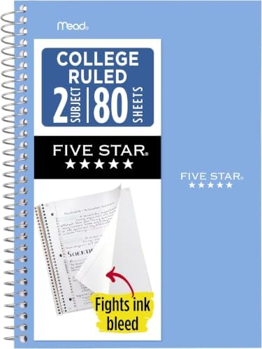 Five Star Spiral Notebook, 2 Subject, College Ruled, 9 1/2" x 6" 80 Sheets, Tidewater Blue (840029CG1-ECM) (Pack of 12)