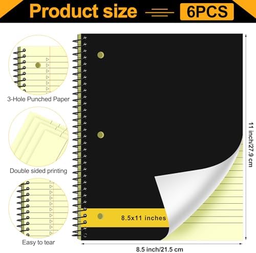 Resurhang 6 Pcs Top Spiral Notebooks,8.5 x 11 Inches,3 Hole Punch,Yellow