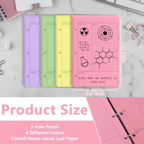 （Half Letter Size）5.5X8.5 Inch 200 Sheets Cornell Notebook Paper College Ruled Notebook Loose Leaf Half Letter Lined Paper 3 Hole Punched Taking System Filler Paper For Office School College Study