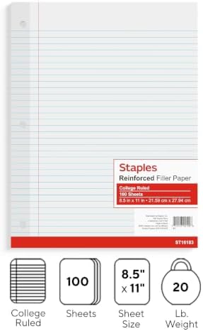 Staples College Ruled Filler Paper, 8.5" x 11", 100 Sheets/Pack, 3/Pack