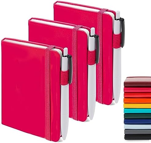 feela 3 Pack Pocket Small Notebook Journals, Mini Cute Memo Notepad Hardcover College Ruled Lined Journals with Pen Holder for Women Girls Office School, with 3 Black Pens, 3.5”x 5.5”, A6, Berry