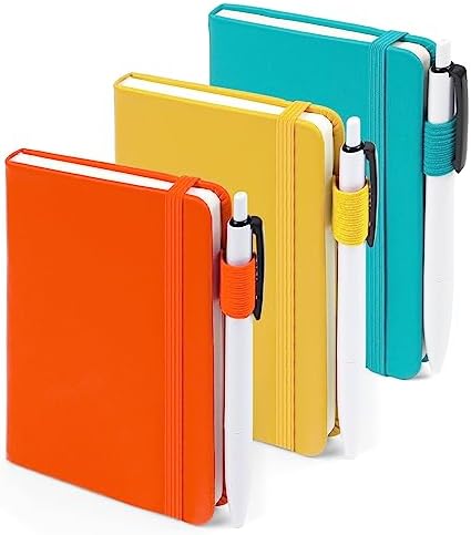feela Pocket Notebook Journals, Mini Cute Small Hardcover College Ruled Notepad Office School Supplies, with 3 Black Pens, 3.5”x 5.5”, 3 Pack, A6, Solid Colors, Yellow, Orange, Emerald