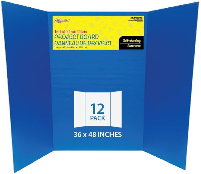 Royal Brites 1-Ply Corrugated Tri-fold Project Display Board 36" x 48", Exhibition, Presentation, & Science Fair Display Boards, Lightweight Tri-Fold Board with Smooth Surface, Blue/Kraft, Pack of 12