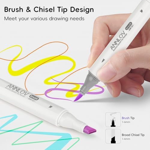 ANNLOV Alcohol Markers Brush Tip, 50 Colors Dual Tip Art Marker Set with Soft Brush & Chisel Tip, Skin Tones & Blender, Tilt-Stand Easy Carrying Case for Artist Adults Coloring Illustration