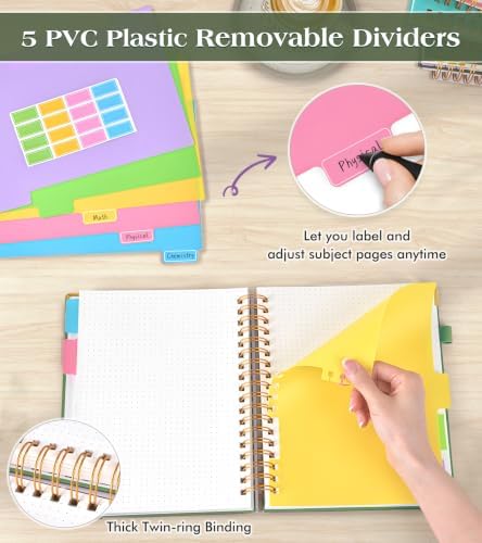 5 Subject Dotted Notebook with Removable Dividers Tabs, 300 Pages Hardcover Leather Dot Grid Spiral Journal, 8"x10" B5 Large Bullet Notebooks for Women Men Work School College Maths Sketching, Green