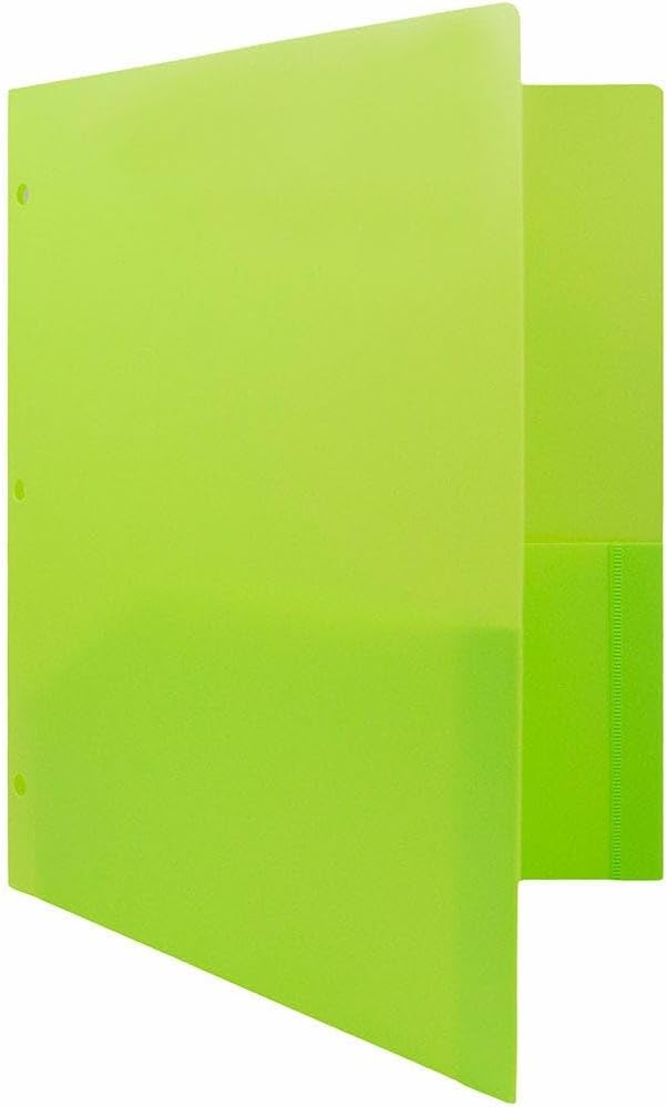 JAM PAPER Heavy Duty Plastic 3 Hole Punch Pocket Folders - Extra Tough School Folders - Lime Green - 12/Pack