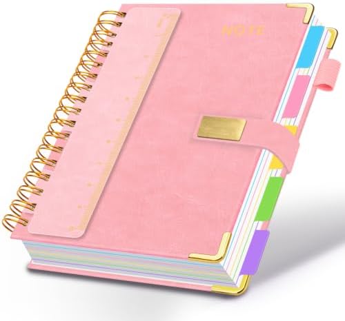 Hardcover Spiral Notebook 8.5''x 11'' College Ruled Notebook with Magnetic Closure, 300 Pages 5 Subject Notebooks with Pocket Dividers for Work School, A4 Leather Journal for Women, Men (Pink)