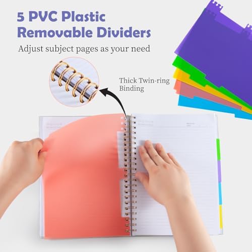 Hardcover Spiral Notebook 8.5" x 11" with Removable Dividers, 300 Pages 5 Subject College Ruled Notebook for Work with Tabs, A4 Spiral Journal for Women Men, School Students Note Taking, Purple Floral