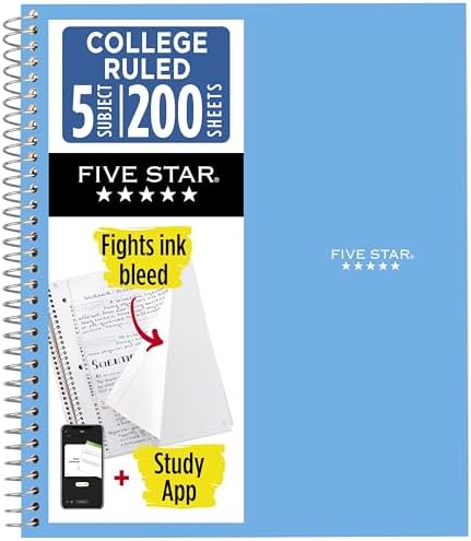 Five Star Spiral Notebook + Study App, 5 Subject, College Ruled Paper, 8-1/2" x 11", 200 Sheets, Fights Ink Bleed, Water Resistant Cover, Pacific Blue (73635)