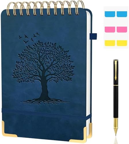 A5 Top Spiral Notebook, Tree Pattern Large Leather Hardcover Left Handed journal, 240 Pages 100 Gsm Lined Paper Top Bound Steno Pads for Work, School, Travel Writing - Navy Blue, 5.9" x 8.5"