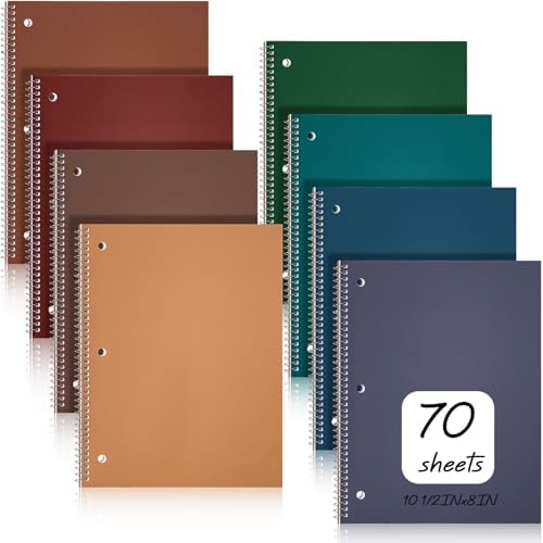 Teling 8 Pcs 1 Subject Spiral Notebook for Work College Ruled 8 x 10 1/2 Inch Spiral Journal Notebook 3 Hole Punched Paper Tear Line 70 Sheets Office School Study Supplies(Stylish Color,8 Pcs)