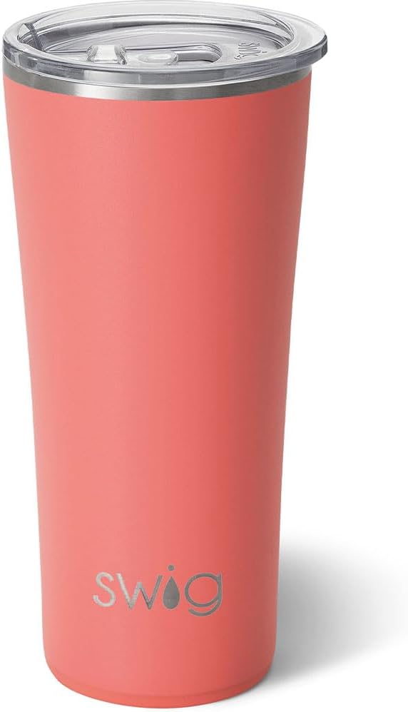 Swig Life 22oz Insulated Tumbler, Travel Coffee Tumbler with Lid, Cup Holder Friendly Travel Coffee Mug, Stainless Steel (Coral)