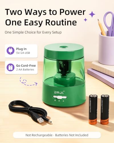 ZMOL Electric Pencil Sharpener, USB or 2 AA Powered, 6-8mm, Green