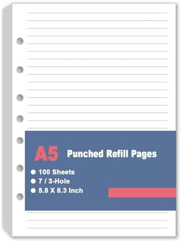 7-Hole Lined Refills Paper, A5 Filler Paper for Planner Inserts, A5 Loose Leaf Paper, 7 or 3 Hole Refills, 100 Sheets/200 Pages, College Ruled, 5.8 X 8.25 Inch
