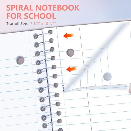 4 Pack Spiral Notebooks, 1 Subject College Ruled, 10.5 x 8 in, 70 Sheets Each, 3-Hole Punched Perforated Pages, Plastic Covers with Pockets, Silver Coil, Assorted Colors