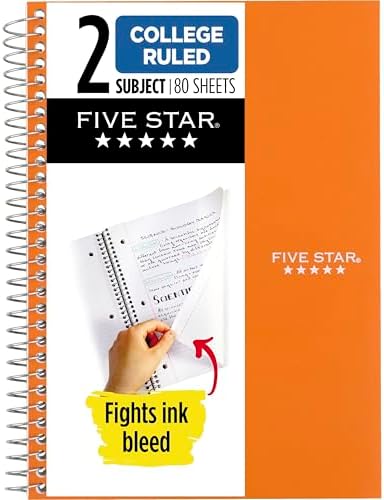 Five Star Spiral Notebook, 2 Subject, College Ruled Paper, 6" x 9-1/2", 80 Sheets, Fights Ink Bleed, Water Resistant Cover, Sedona Orange (840029CD1-ECM)