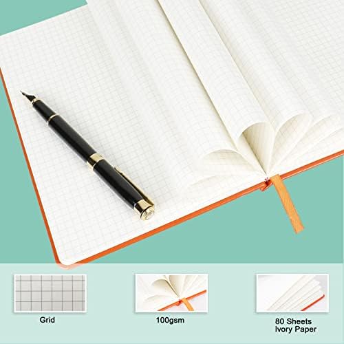 Grid Journal Bullet Notebook - Orange Leather Cover, 8.3 x 5.7Inch, 160 Pages, 100gsm Paper, Hardcover with Inner Pocket, Elastic Closure and Ribbon Bookmark, Great for Women and Men