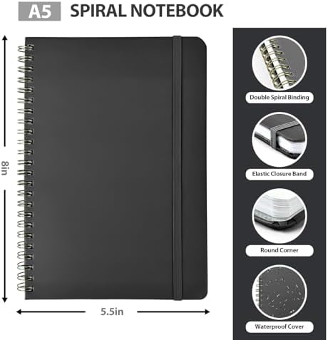 A5 Lined Spiral Journal Notebook, 146 Pages Hardcover Notebook with 100 GSM Thick Paper, Inner Pocket & Elastic Closure, 5.7" x 7.9", Notebooks for Work, School, College, Office, Journaling & Note Taking