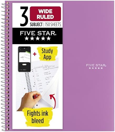 Five Star Spiral Notebook + Study App, 3 Subject, Wide Ruled Paper, 8" x 10-1/2", 150 Sheets, Fights Ink Bleed, Water Resistant Cover, Amethyst Purple (38737)