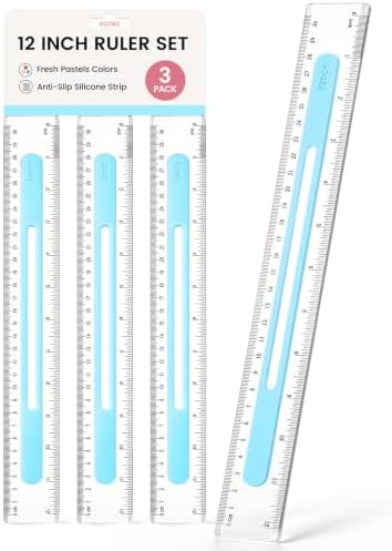 Sooez 3 Pack Ruler 12 Inch, Anti-Slip Clear Rulers for Kids, Light Blue