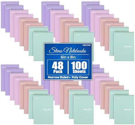 Mintra Office Steno Books Set - Top-Spiral Bound, Narrow Ruled, White Tint Sheets, Poly Pastel Covered Notebooks for Office & School, Colorful Lavender, Sage, Salmon, Spring Pink,6"x9", 48 Pack
