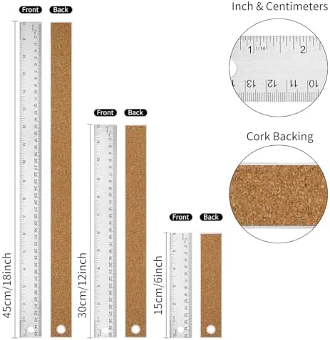 6+12+18 inch Metal Ruler with Cork Backing, Imperial & Metric Markings