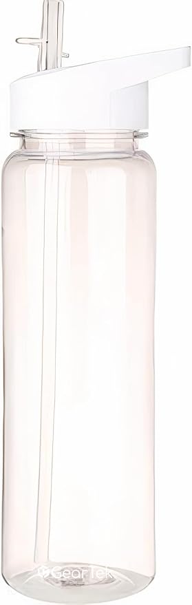 Tritan Clear Water Bottle With Straw | No Markings BPA Free 24 oz Sports Water Bottle | Leak Proof Re-Usable Flip Top Plastic Drinks Bottles for School, Office, Gym, Cycling (Clear-Straw-24oz)