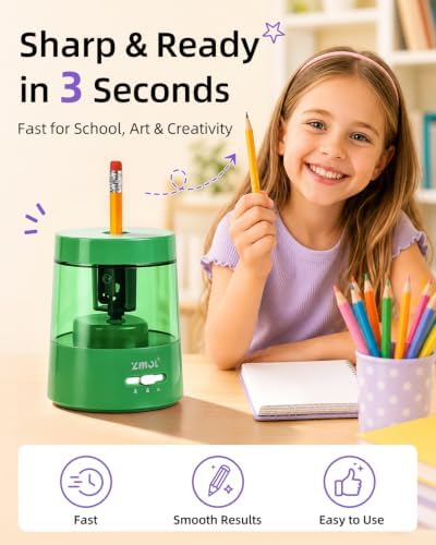 ZMOL Electric Pencil Sharpener, USB or 2 AA Powered, 6-8mm, Green