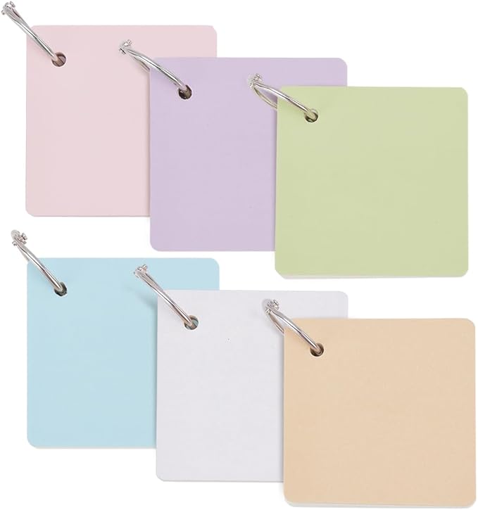 PLIGREAT 6 Pcs Colorful Mini Index Card, 3.1×3.1 Inch Square Flash Cards 55 Sheets Blank Note Cue Cards with Binder Rings Portable Notecard for Painting Note Taking Office, 6 Colors