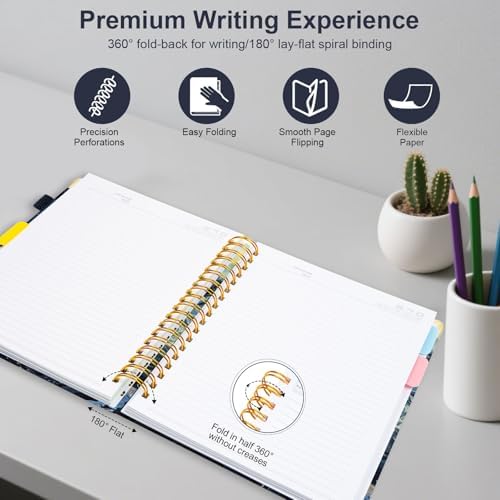 Spiral Journal Notebooks for Work, 300 Pages 5 Subject Notebook College Ruled with Dividers & Tabs, A5 Notebook Journal for Women Students Note-Taking and Organizer (Navy Marble)