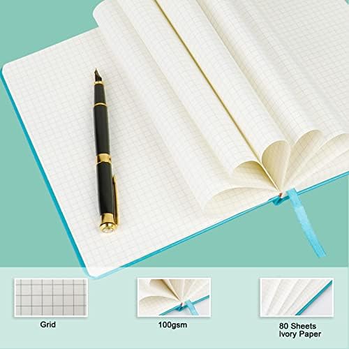 Grid Journal Bullet Notebook - Turquoise Leather Cover, 8.3 x 5.7Inch, 160 Pages, 100gsm Paper, Hardcover with Inner Pocket, Elastic Closure and Ribbon Bookmark, Great for Women and Men