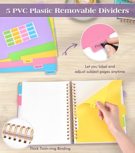 5 Subject Dotted Notebook with Removable Dividers Tabs, 300 Pages Hardcover Leather Dot Grid Spiral Journal, 8"x10" B5 Large Bullet Notebooks for Women Men Work School College Maths Sketching, Purple