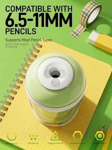 M&G S5 Electric Pencil Sharpener,Fully Automatic for 6.5–11mm No.2&Colored Pencil,Auto In&Out,3 Sharpness Modes,Type-C Rechargeable,Helical Blade,Cute Pencil Sharpener for School Classroom Home, Green