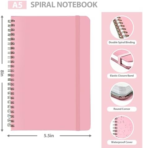 A5 Lined Spiral Journal Notebook, 146 Pages Hardcover Notebook with 100 GSM Thick Paper, Inner Pocket & Elastic Closure, 5.7" x 7.9", Notebooks for Work, School, College, Office, Journaling & Note Taking