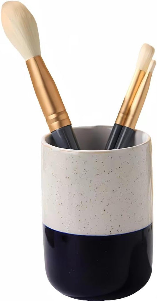 Cute Ceramic Pen Holder for Desk Office Supplies Cubicle Decor Kawaii Workspace Accessories Boho Makeup Organizer for Women Girls Pencil Cup Aesthetic Caddy for Home Office (Blue)