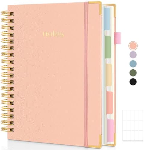 SKYDUE 5 Subject Notebook with Dividers and Tabs, 8" x 10" College Ruled Notebook for Work, 300 Pages Spiral Journal for Women, Pink