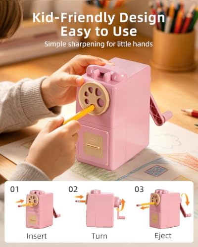 ZMOL Heavy Duty Manual Hand Crank Pencil Sharpener, Desktop, Pink